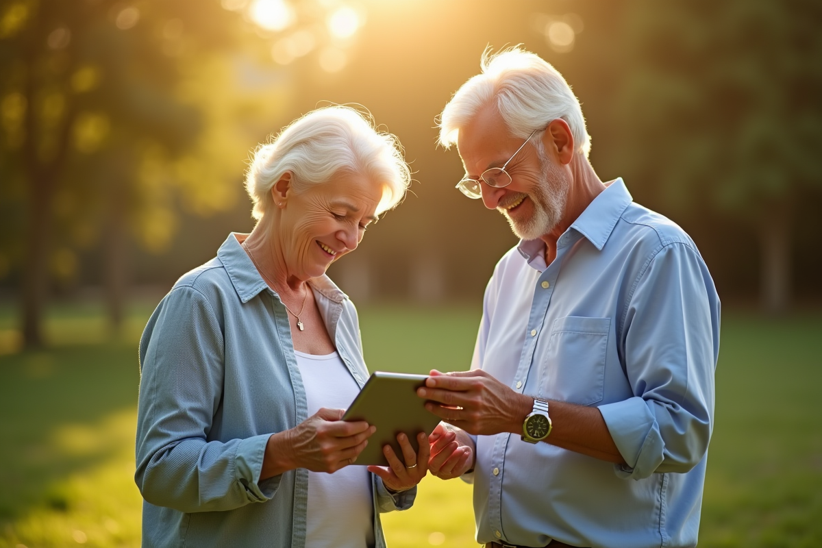 Femme senior utilisant une tablette dans un parc en discutant avec un conseiller