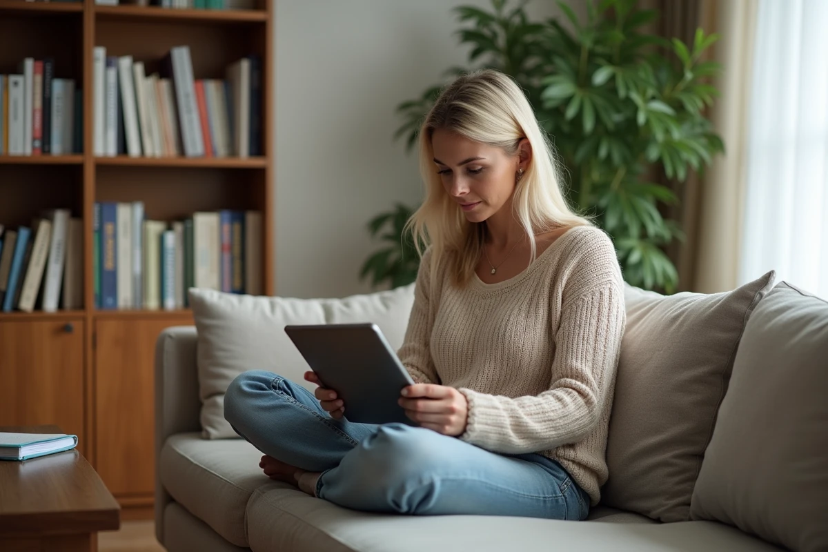 Femme sereine lisant des conseils financiers sur tablette dans son salon confortable le week-end