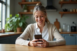 Femme souriante vérifiant son application bancaire dans la cuisine