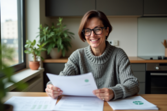 Femme d'âge moyen souriante avec documents d'assurance dans la cuisine