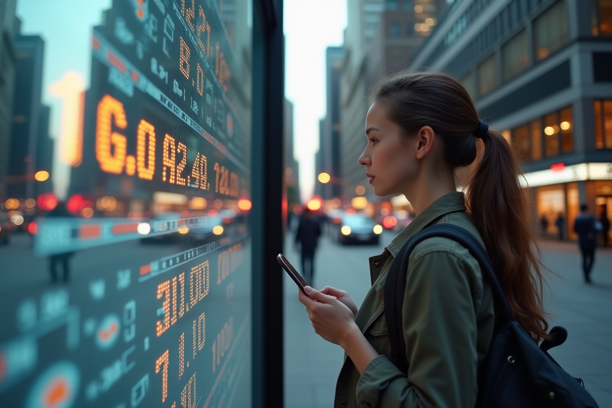 Jeune femme regardant un tableau de prix cuivre sur son smartphone
