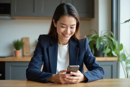 Jeune femme en blazer blanc dans une cuisine moderne
