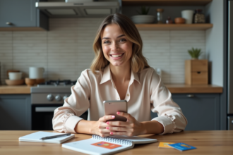 Jeune femme souriante avec smartphone dans la cuisine
