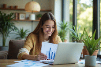 Jeune femme souriante analysant des graphiques et budgets
