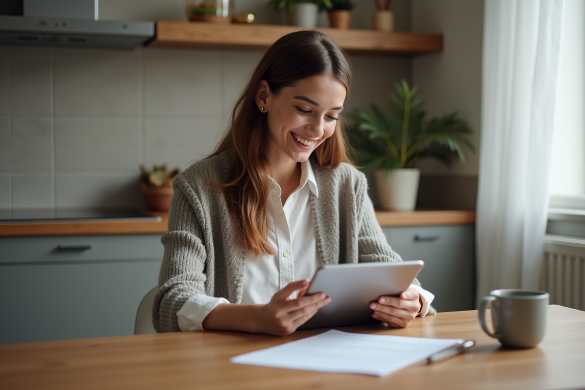 Jeune femme utilisant une tablette pour vérifier sa police d