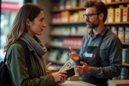 Femme préoccupée devant un bureau de tabac en France