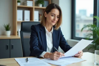Femme en bureau examinant des documents sur les allocations