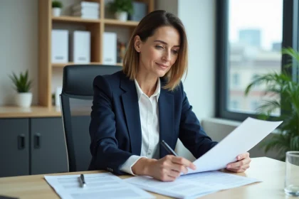 Femme en bureau examinant des documents sur les allocations