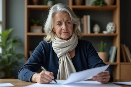 Femme d'âge moyen en cardigan bleu et foulard examine des documents