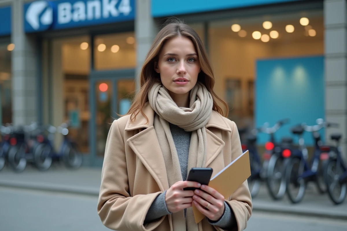 Jeune femme dehors devant une banque avec smartphone