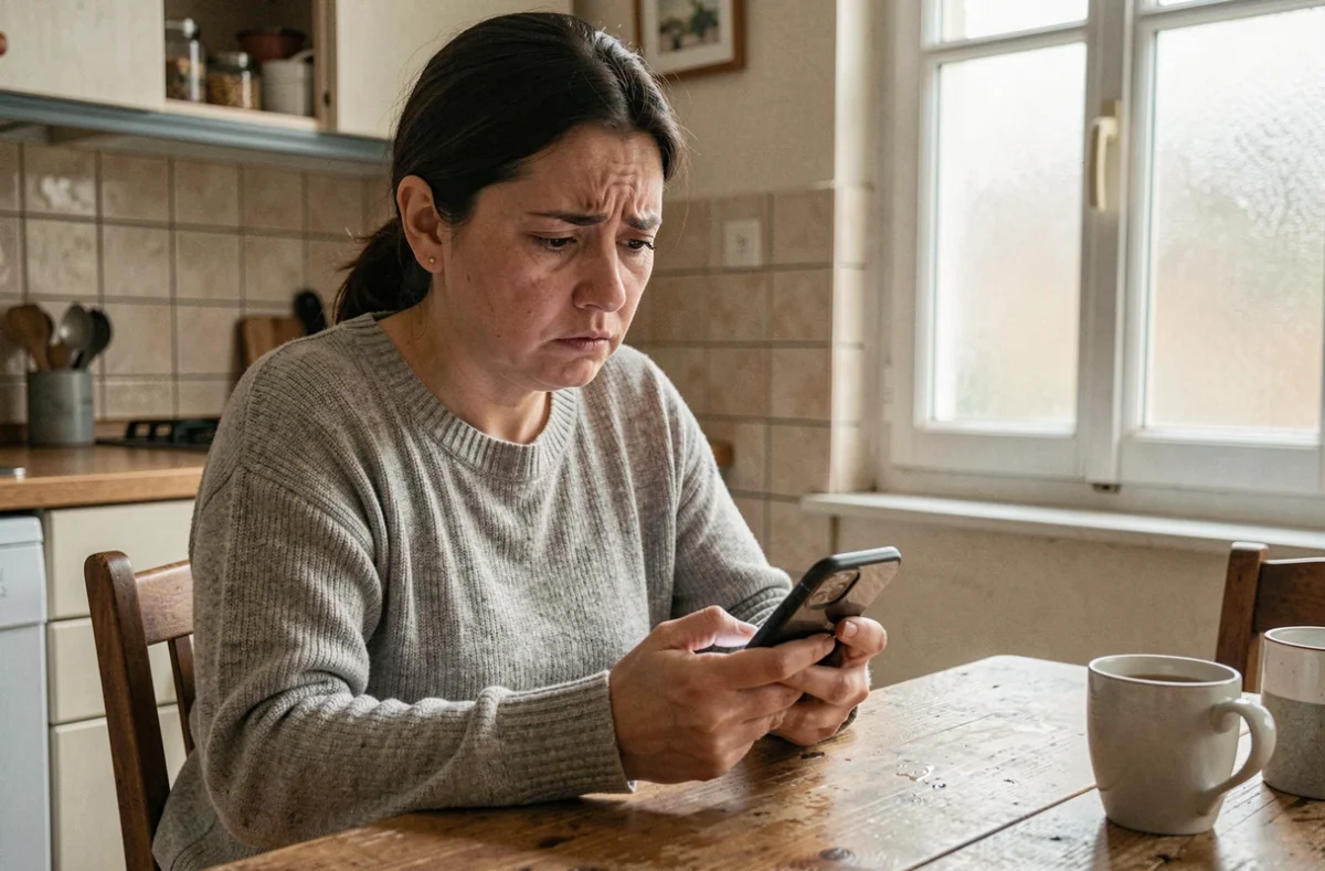 Femme inquiète vérifiant son application bancaire sur smartphone après un virement CAF non reçu sur son compte