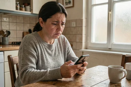 Femme inquiète vérifiant son application bancaire sur smartphone après un virement CAF non reçu sur son compte