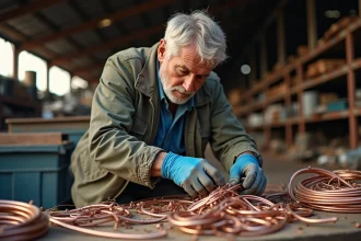 Ferrailleur triant des câbles en cuivre propre et mêlé sur un établi dans une casse métallique