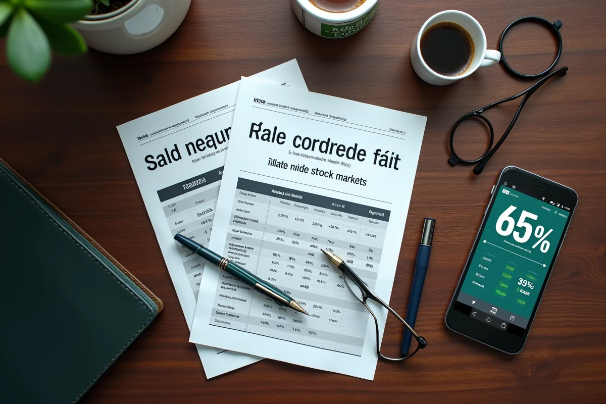 Vue aérienne d'un bureau avec rapport boursier de dividendes, stylo plume et smartphone affichant un portefeuille boursier