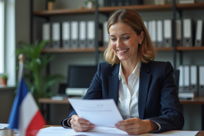 Femme fonctionnaire en blazer navy dans un bureau officiel
