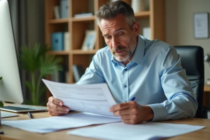 Homme consultant le formulaire fiscal 2041-DPTF-SD sur son bureau à domicile en 2026