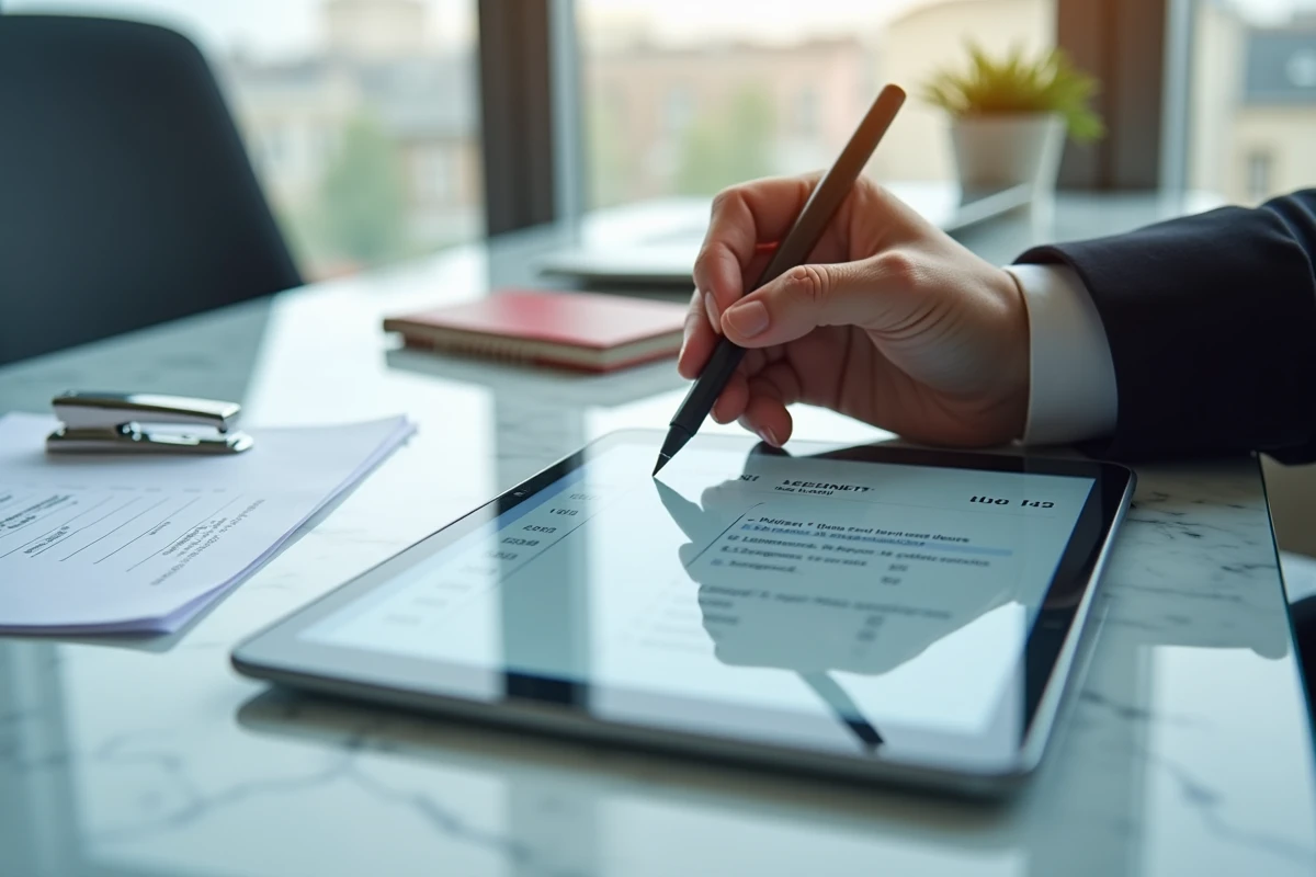 Gros plan d'une main utilisant une tablette pour remplir un formulaire de calcul d'acompte IS étape par étape