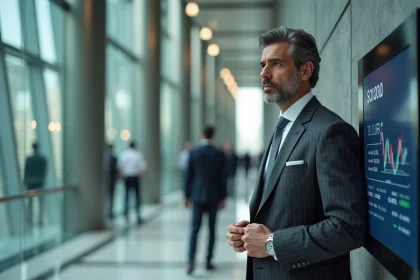 Homme d'affaires prospère dans le hall d'un immeuble financier moderne regardant un tableau de données boursières