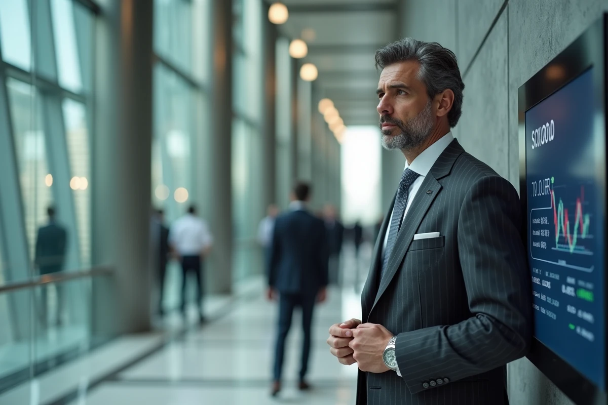 Homme d'affaires prospère dans le hall d'un immeuble financier moderne regardant un tableau de données boursières