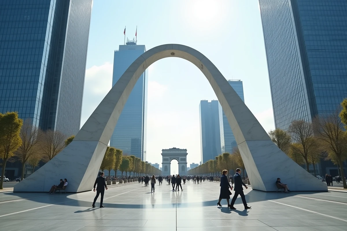 Le quartier de La Défense à Paris avec la Grande Arche et le drapeau français, symbole de l'économie française