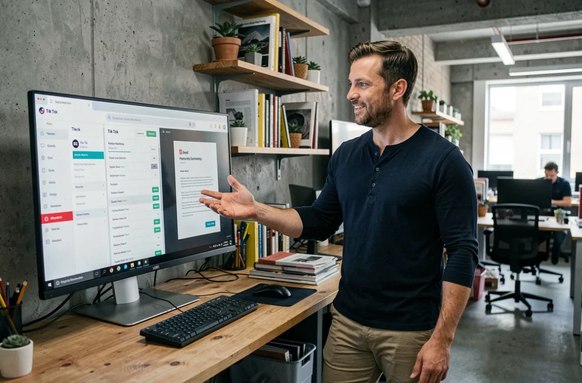 Freelance masculin consultant ses contrats de partenariat de marque TikTok sur un grand moniteur dans un espace de coworking urbain