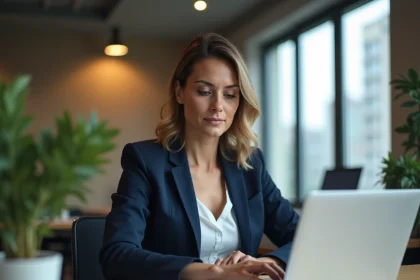 Femme professionnelle gérant sa trésorerie d'entreprise sur ordinateur portable dans un bureau moderne