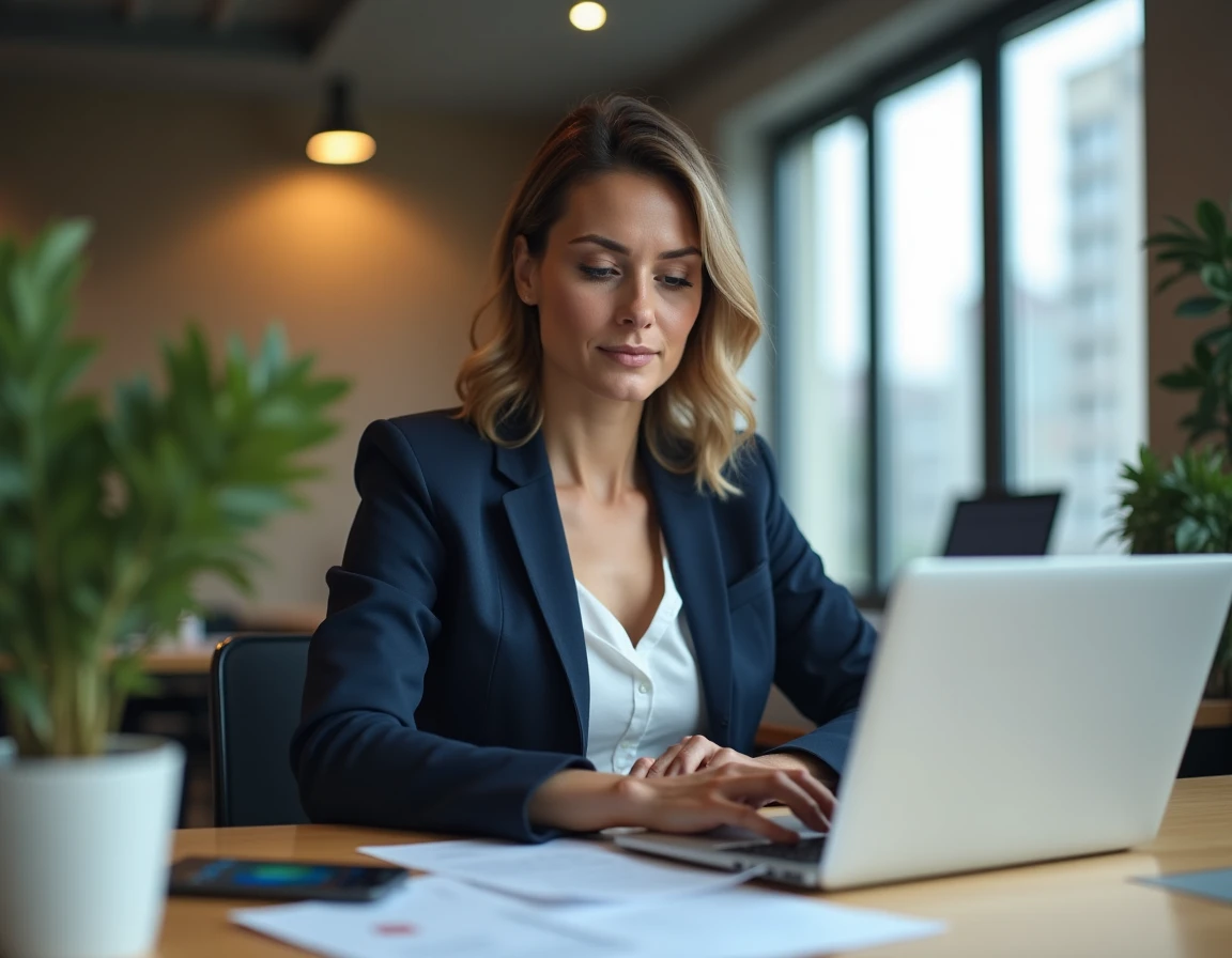 Femme professionnelle gérant sa trésorerie d'entreprise sur ordinateur portable dans un bureau moderne