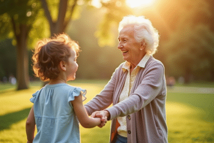 Grand-mere souriante avec son petit-enfant dans un parc ensoleille