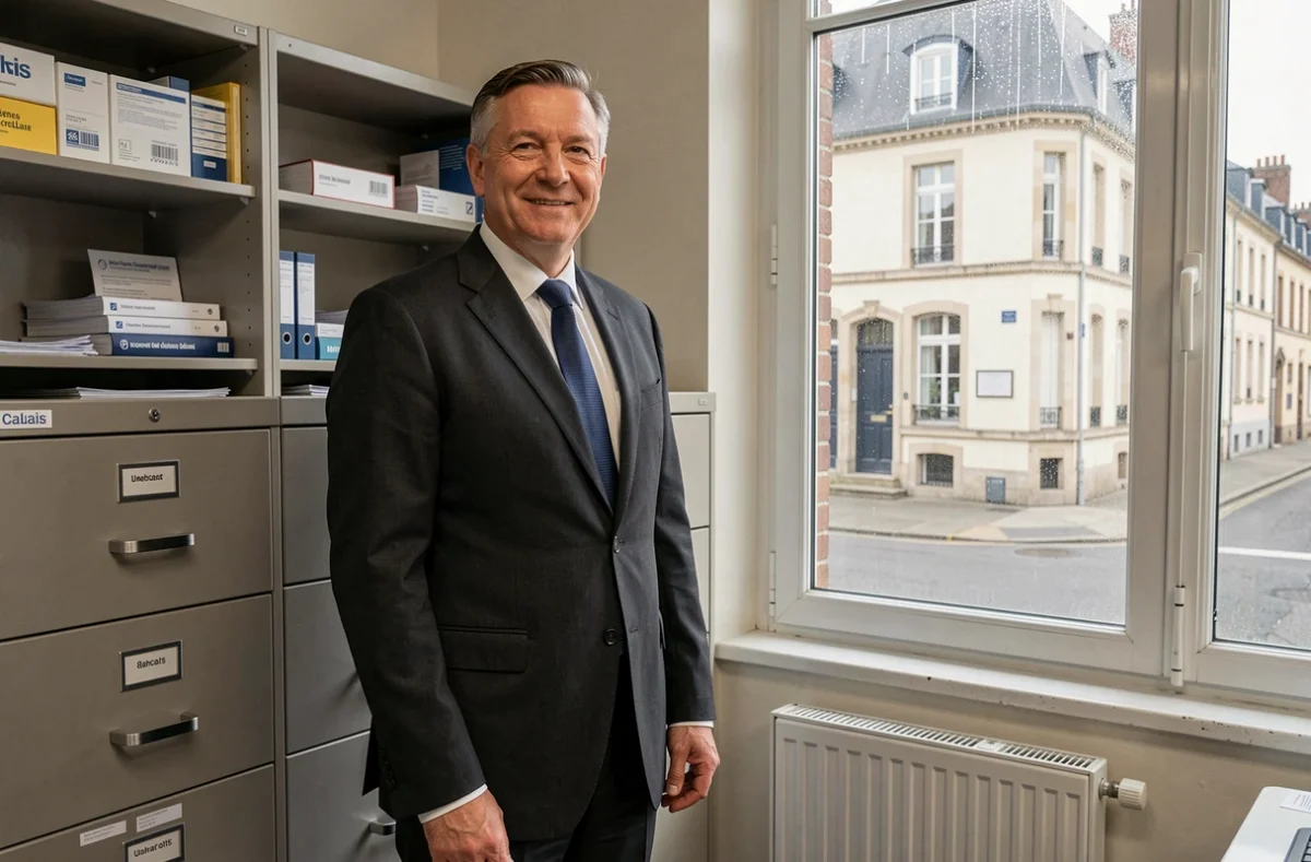 Courtier en assurance Grincourt Jose dans son bureau organisé à Calais avec vue sur la rue