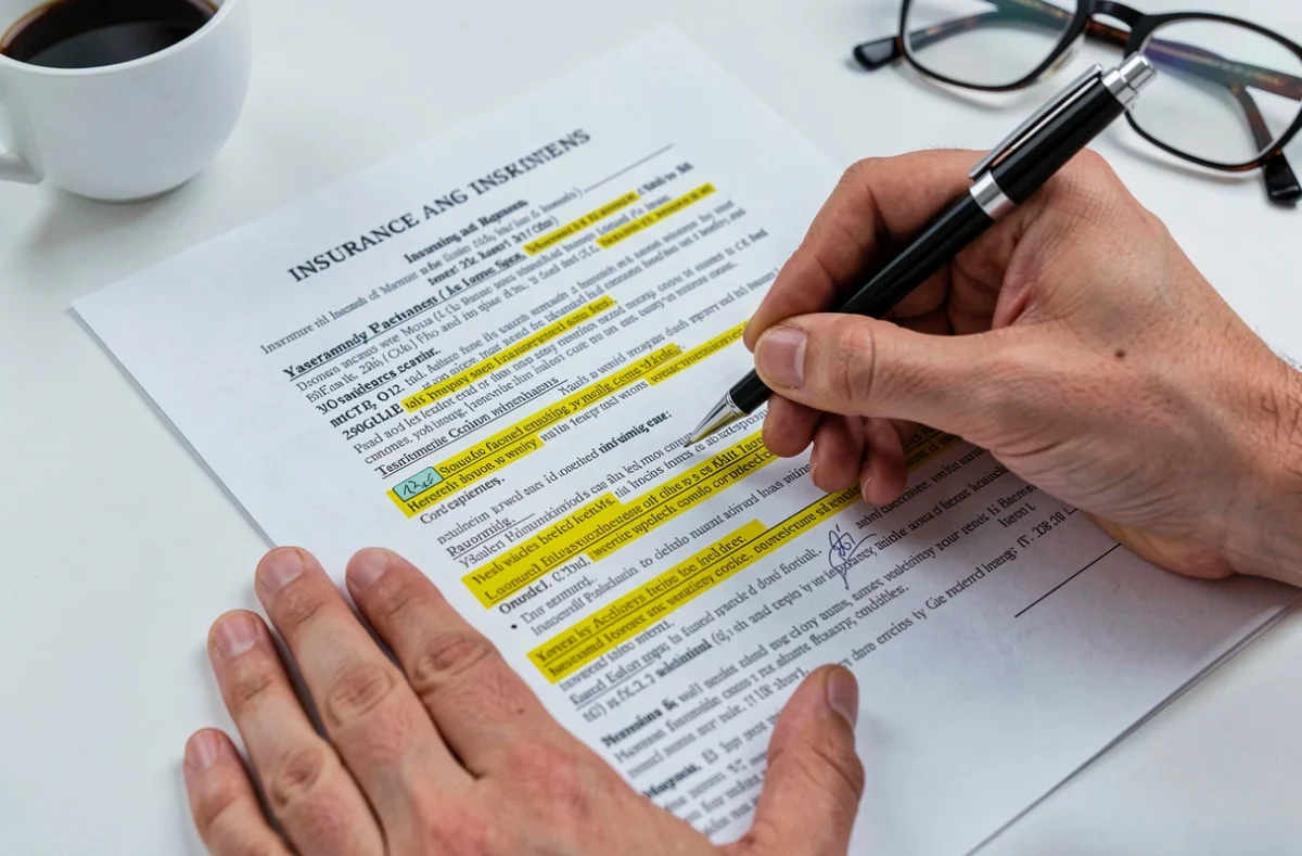 Gros plan d'une main tenant un stylo au-dessus d'un contrat d'assurance emprunteur avec des clauses surlignées