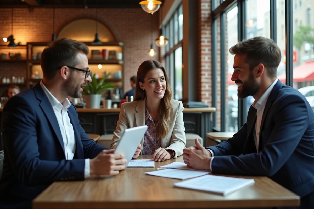 Trois entrepreneurs discutant autour d un café en ville