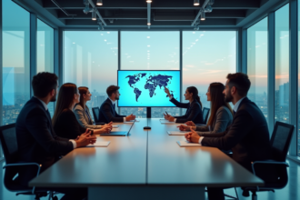 Groupe de professionnels en réunion dans un bureau moderne avec vue urbaine