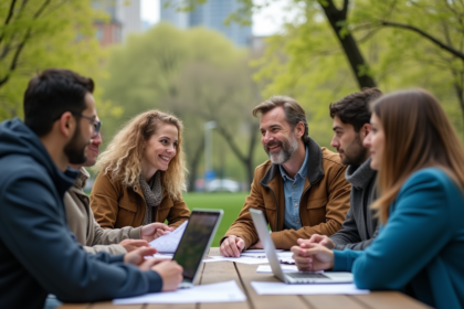 Groupe diversifié en réunion dans un parc au printemps
