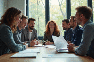 Groupe divers de Français discutant au bureau pour l'article