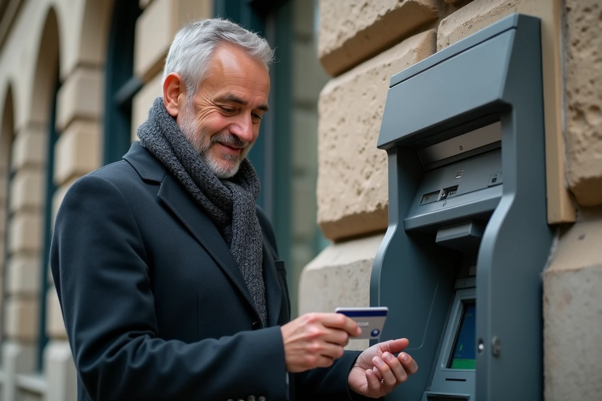 Homme d âge moyen utilisant un distributeur automatique en extérieur