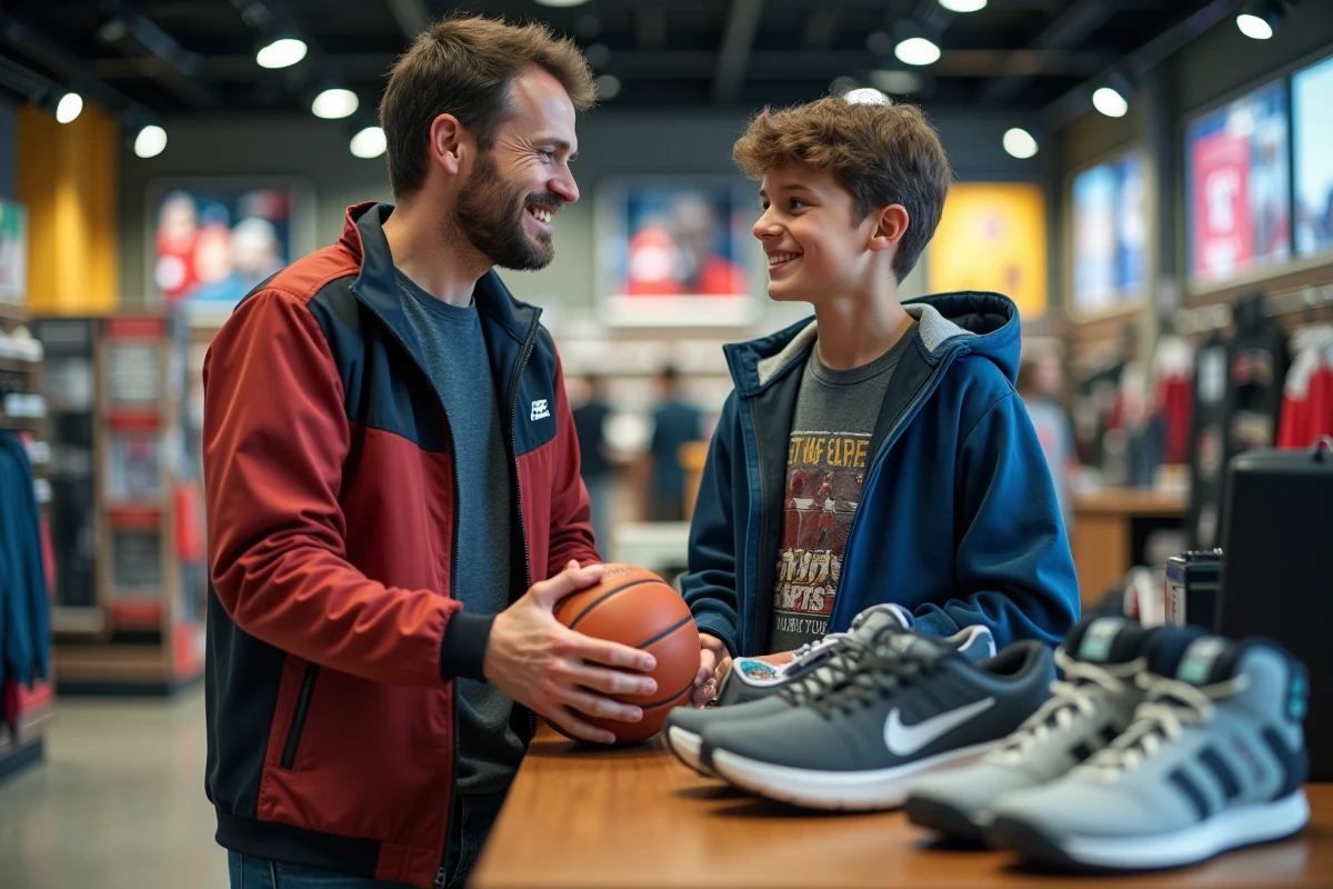 Homme et adolescent souriants au rayon sport dans un magasin