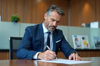 Homme d'affaires en costume bleu à la banque