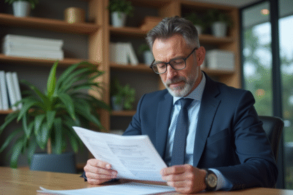 Homme d'affaires en costume bleu dans un bureau moderne