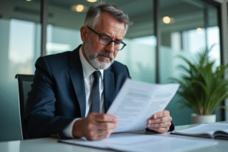 Homme d'affaires examinant un contrat d'assurance dans un bureau