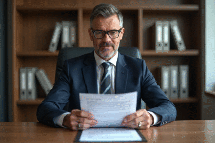 Homme d'affaires en costume examine un contrat dans un bureau moderne