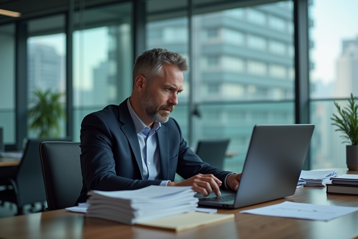 Homme d'affaires en costume étudiant des graphiques financiers