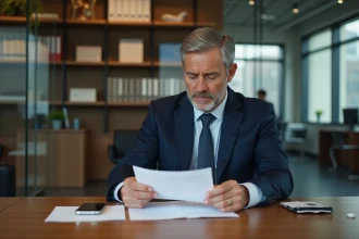 Homme d'affaires en costume navy dans une banque moderne