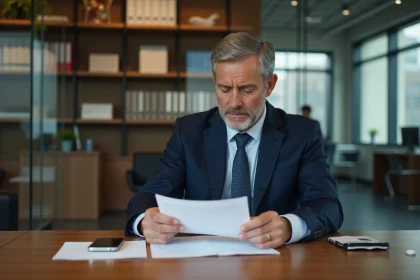 Homme d'affaires en costume navy dans une banque moderne