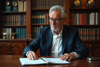 Homme âgé en costume dans un bureau avec disques vinyles