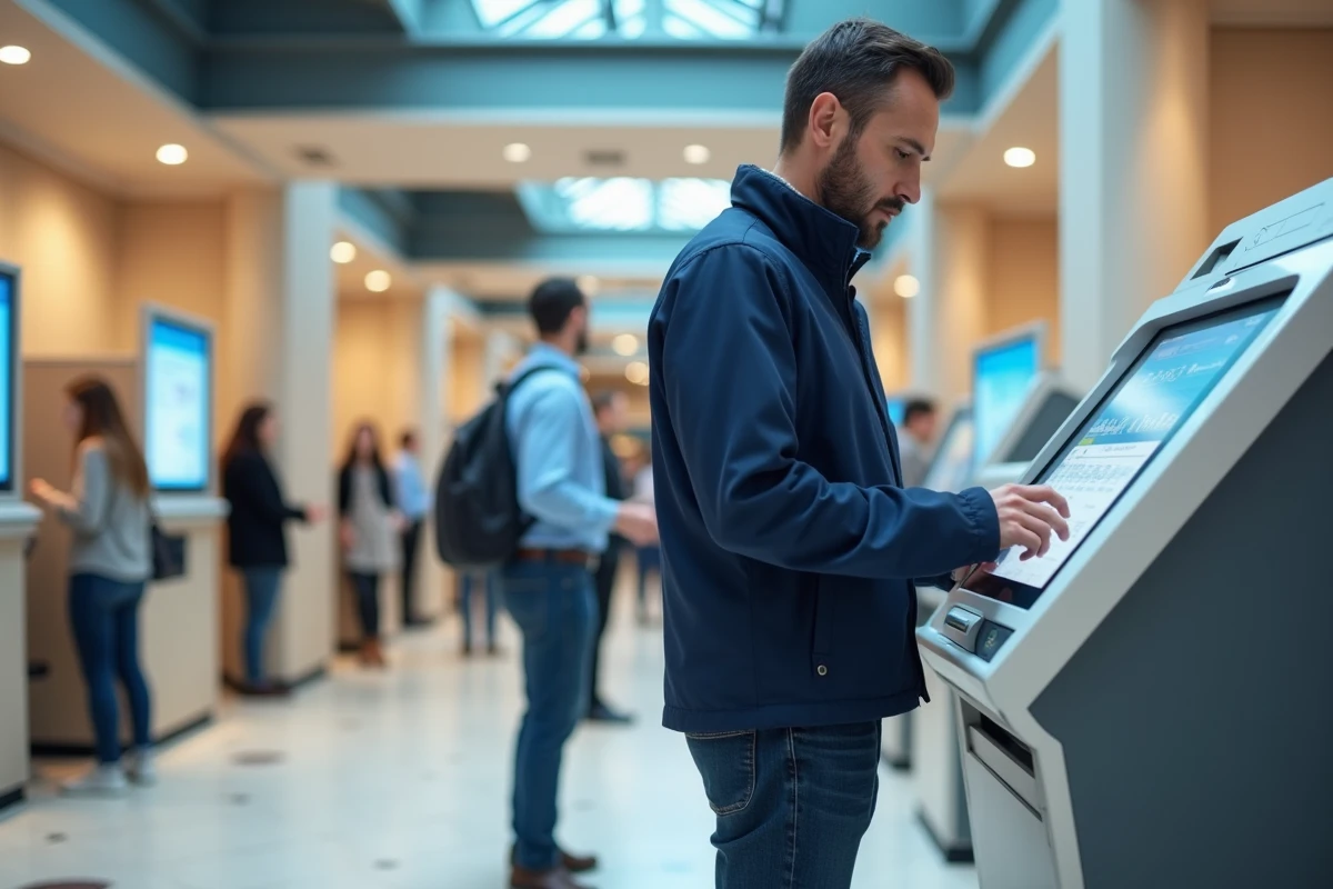 Homme utilisant un terminal numérique dans une agence bancaire CIC pour gérer son compte Filibanque