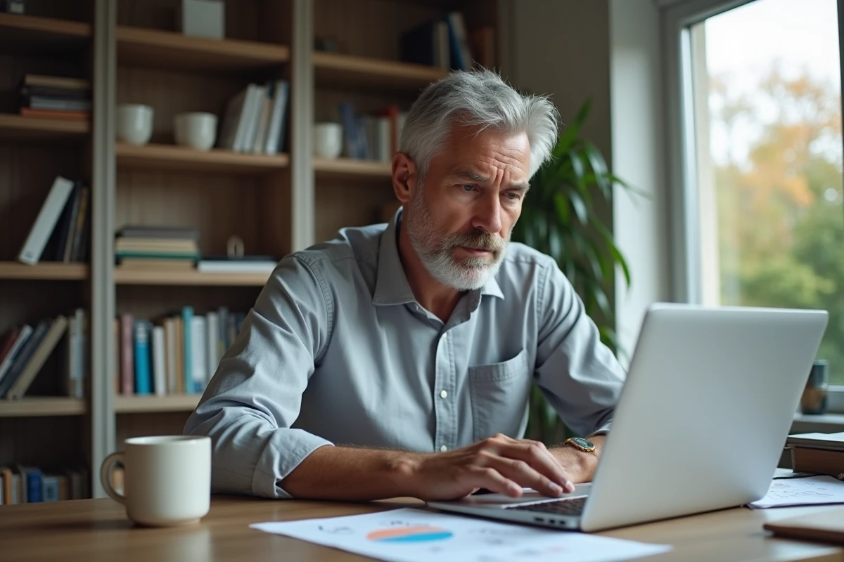 Homme analysant des graphiques de rendement de compte à terme sur ordinateur portable depuis son bureau à domicile