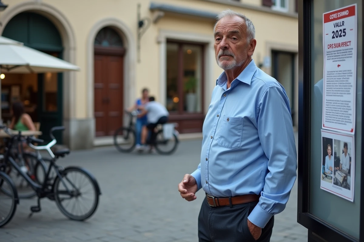 Homme français de 62 ans regardant une affiche sur la réforme des retraites