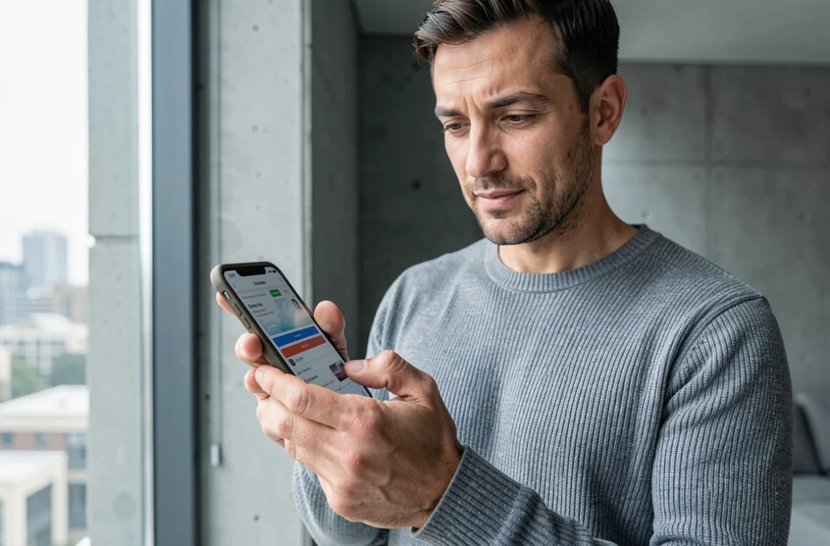 Homme consultant son espace client La Banque Postale sur smartphone dans un appartement moderne