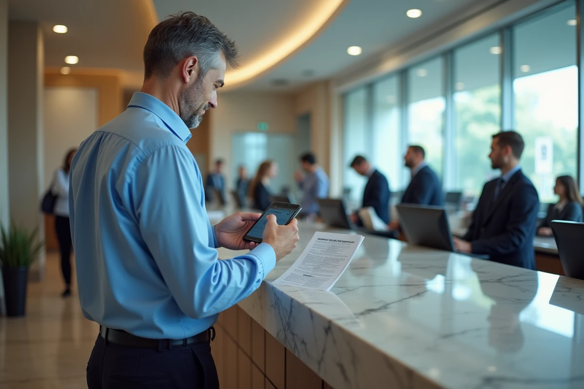 Homme au guichet bancaire utilisant son smartphone
