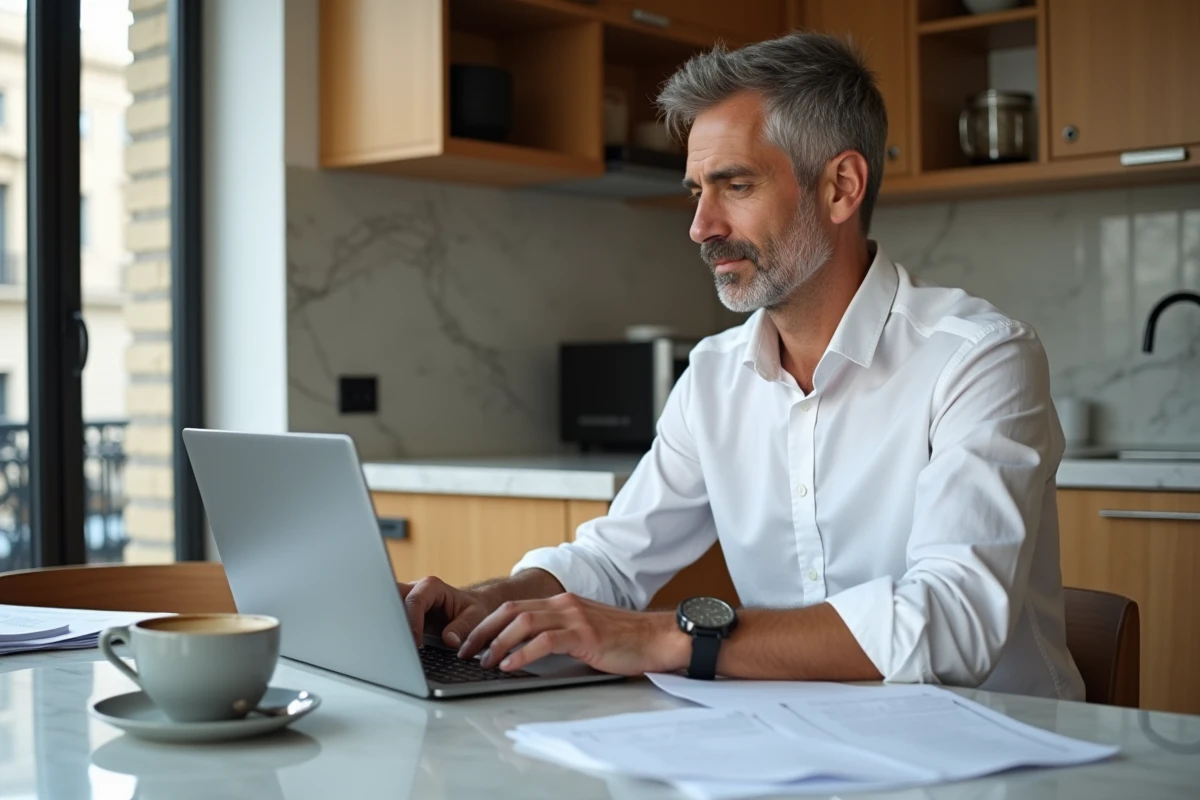 Homme calculant son salaire net imposable sur ordinateur portable à la maison